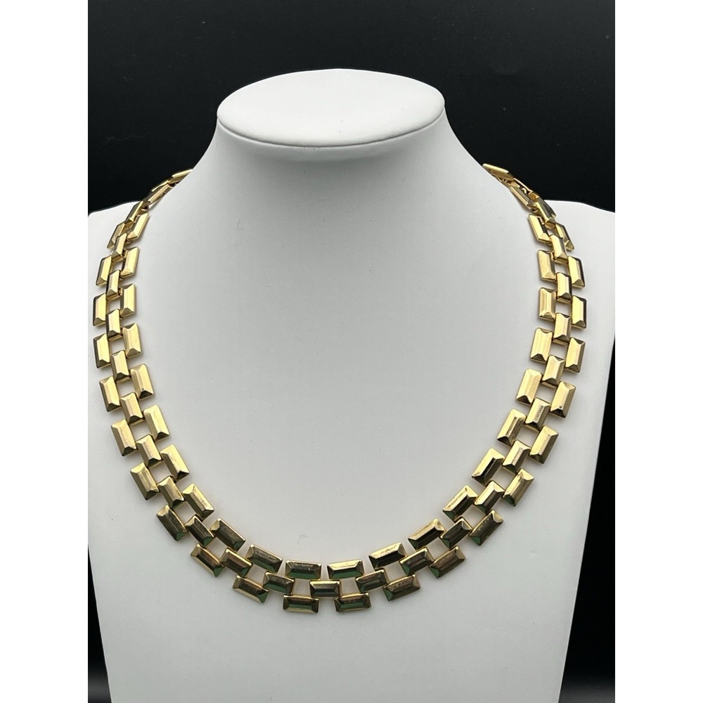 Vintage Gold Tone Geometric Double Row Link Choker Necklace 18 Inch Old Money